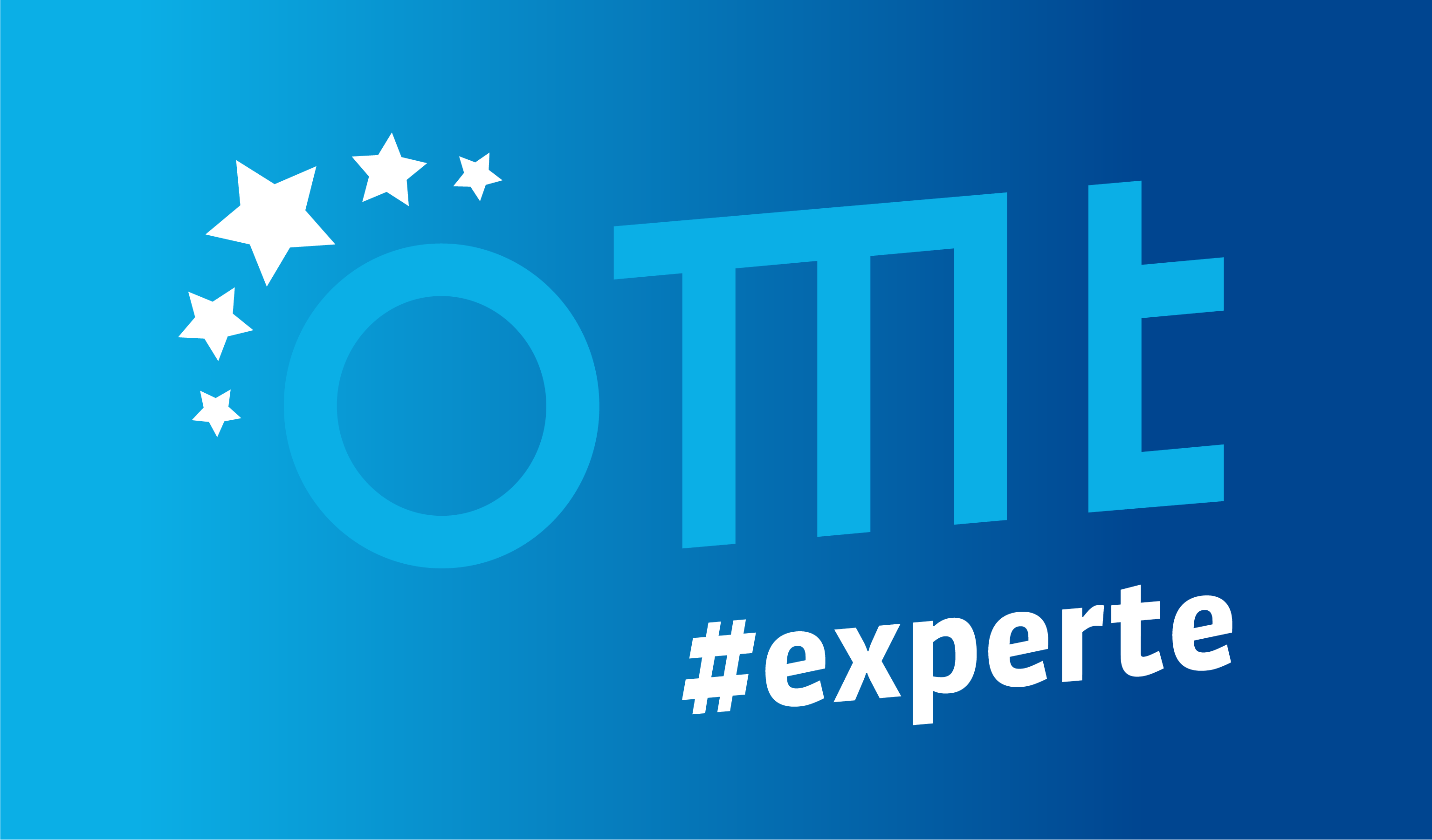 Das Bild zeigt den Text OTM und #experte in Blau auf einem Farbverlaufshintergrund, der an professionelles WordPress-Webdesign erinnert. Fünf weiße Sterne unterschiedlicher Größe begleiten den Buchstaben O anmutig und verleihen dem Design einen Hauch von Eleganz und Exzellenz.