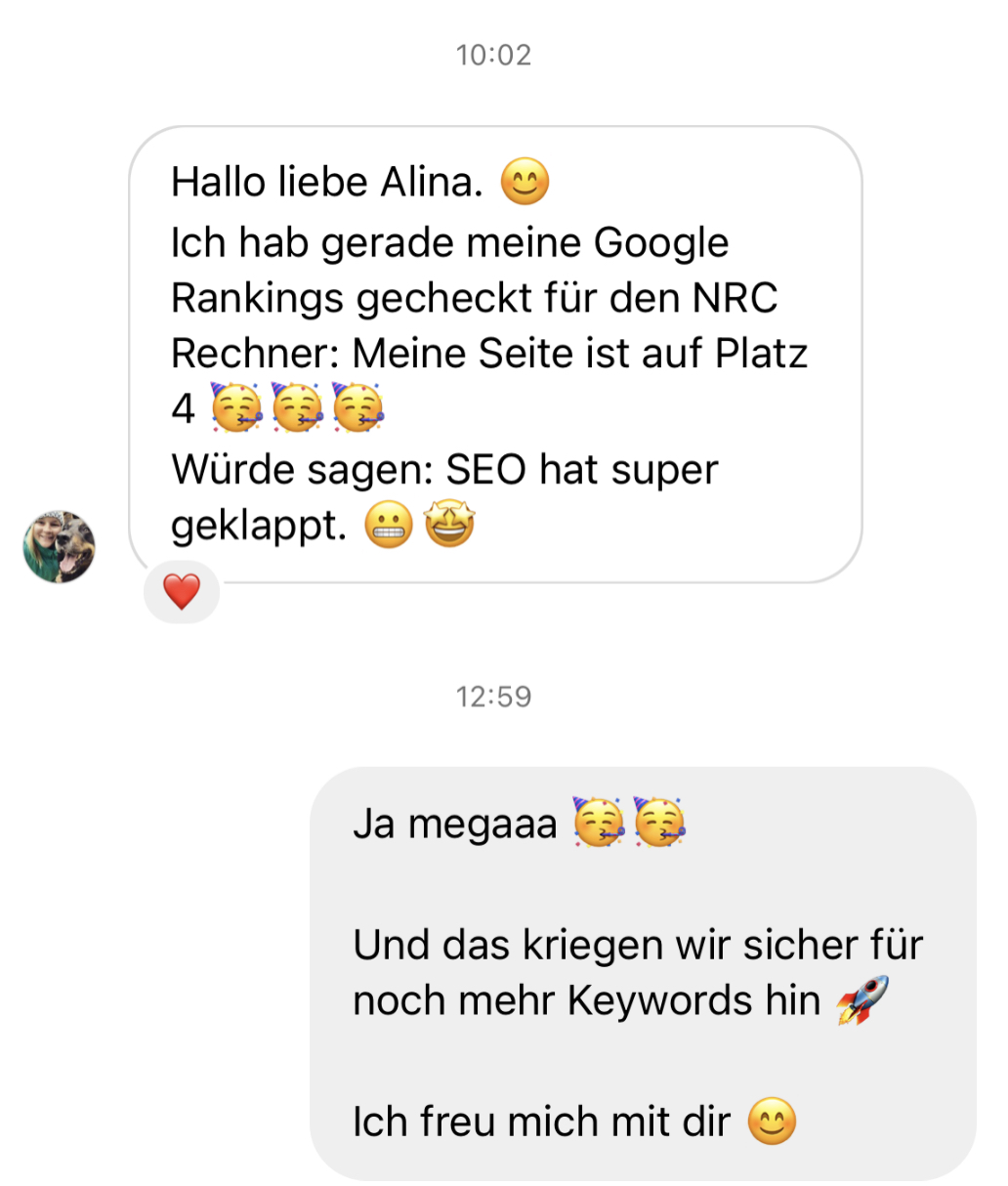 Nachricht einer Kundin zu ihren Rankings