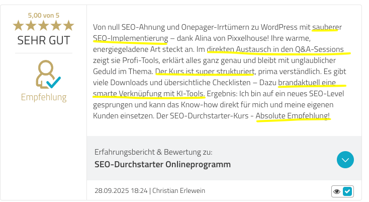 Bewertung SEO-Durchstarter auf ProvenExpert